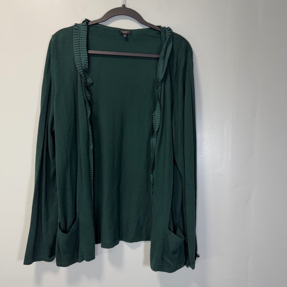 Talbots Womens XL Green Ruffle Trim Open Front Cardigan Sweater CN504